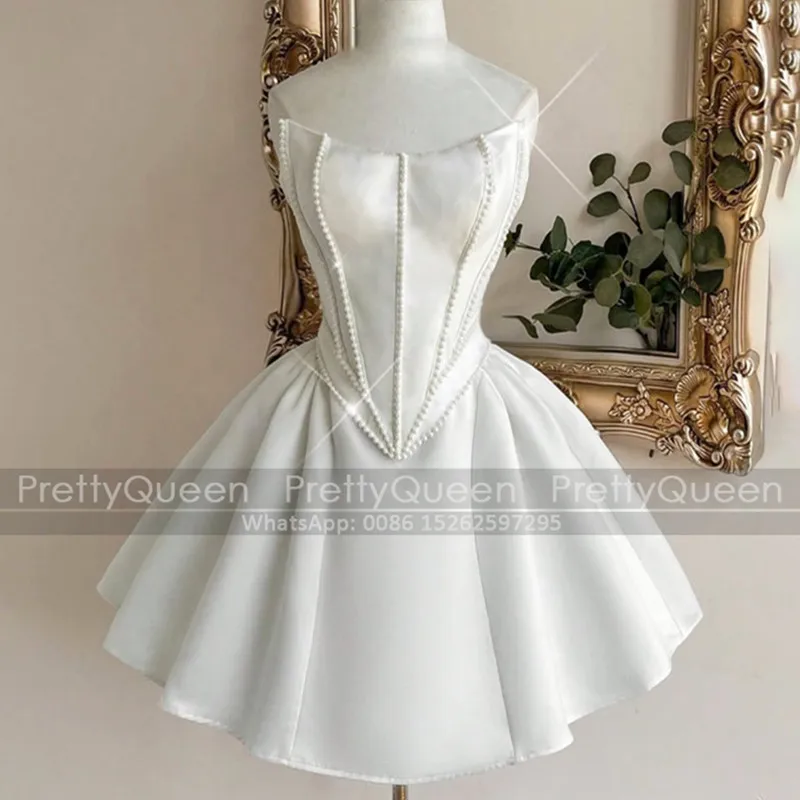 

White Short Bridesmaid Dresses Sparkle Beaded Strapless Puffy A Line Customized Sleeveless Mini Wedding Party Dress