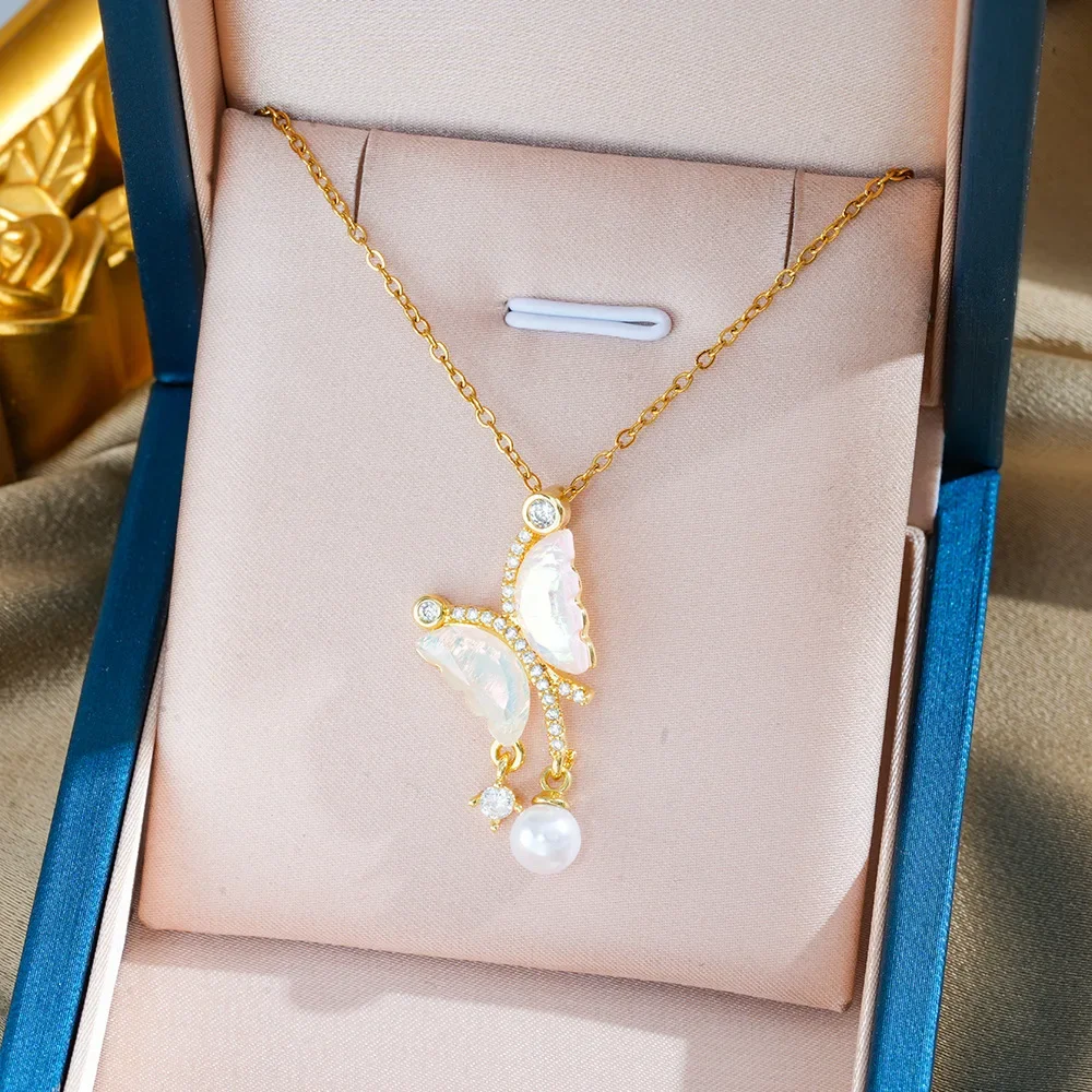 

2025 A colored fluorescent butterfly pearl tassel titanium steel necklace with a light luxury style for women