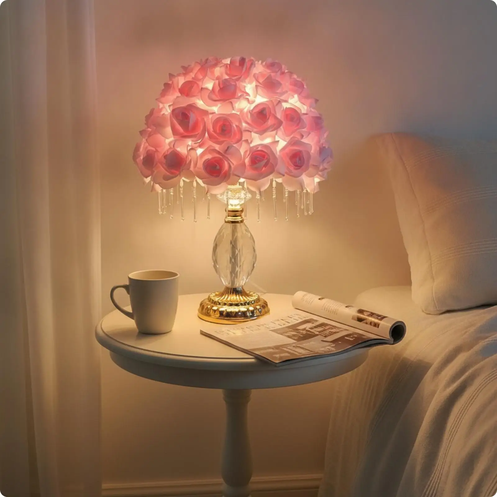 Rose Petal Lamp Romantic bedside lamp with Crystal Drops Decorative for Bedroom, Reading Corner