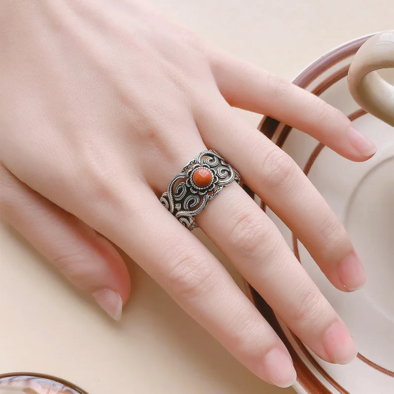 S925 Sterling Silver Red Agate, Turquoise, And Lapis Lazuli With Mongolian Pattern, Wide Version, Open Ring Th