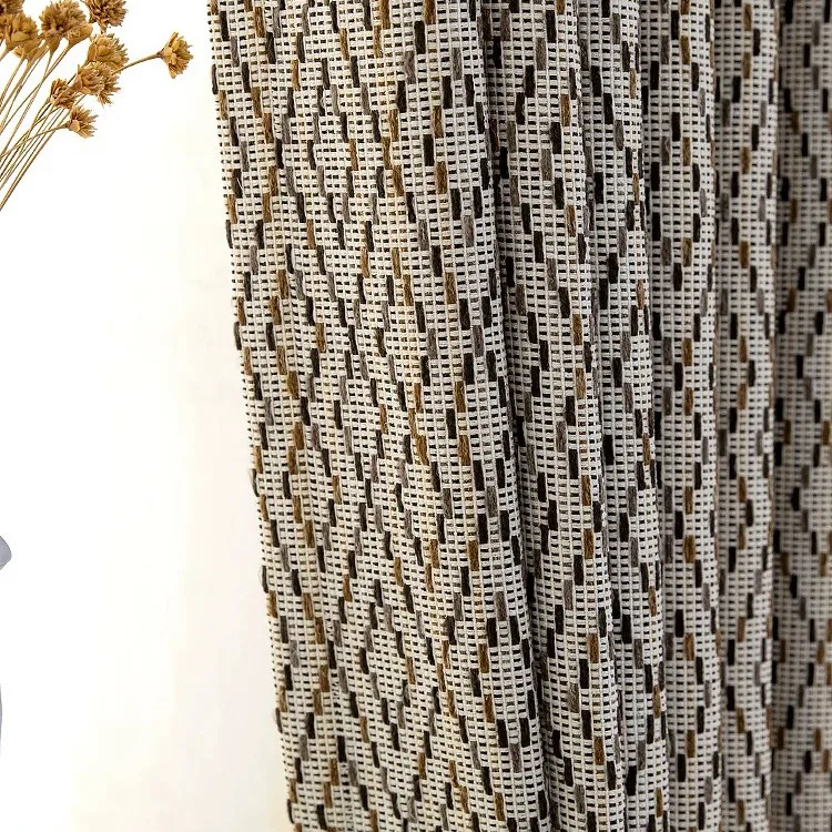 Vintage Rhombic Jacquard Stitching Thickened Chenille Curtains for Living Room Bedroom French Window Balcony Customized