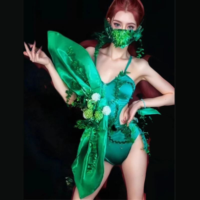Sexy Pole Dance Clothing Women Cosplay Gogo Costume Green Irregular Bodysuit Bar Nightclub Dj Ds Stage Rave Outfit XS9509
