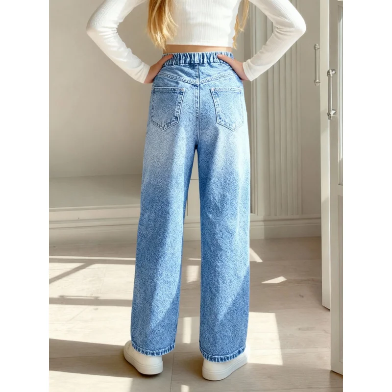 High Waist Straight Imitation Jeans for Girls Butterfly Love Simulation Casual Trousers Spring Autumn Fashion Ladies