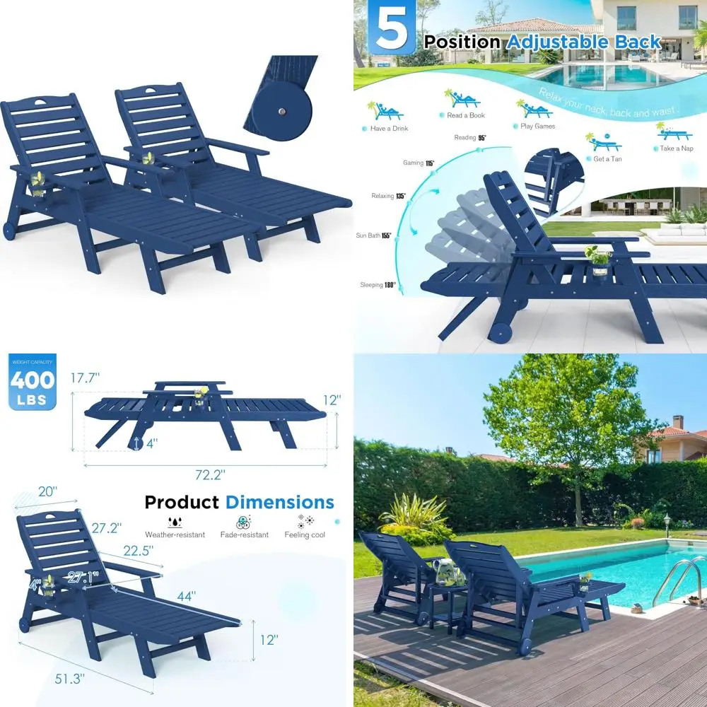 Adjustable 5-Position HDPE Outdoor Chaise Lounge Chairs Set of 2 with Wheels and Cup Holders for Poolside Comfort