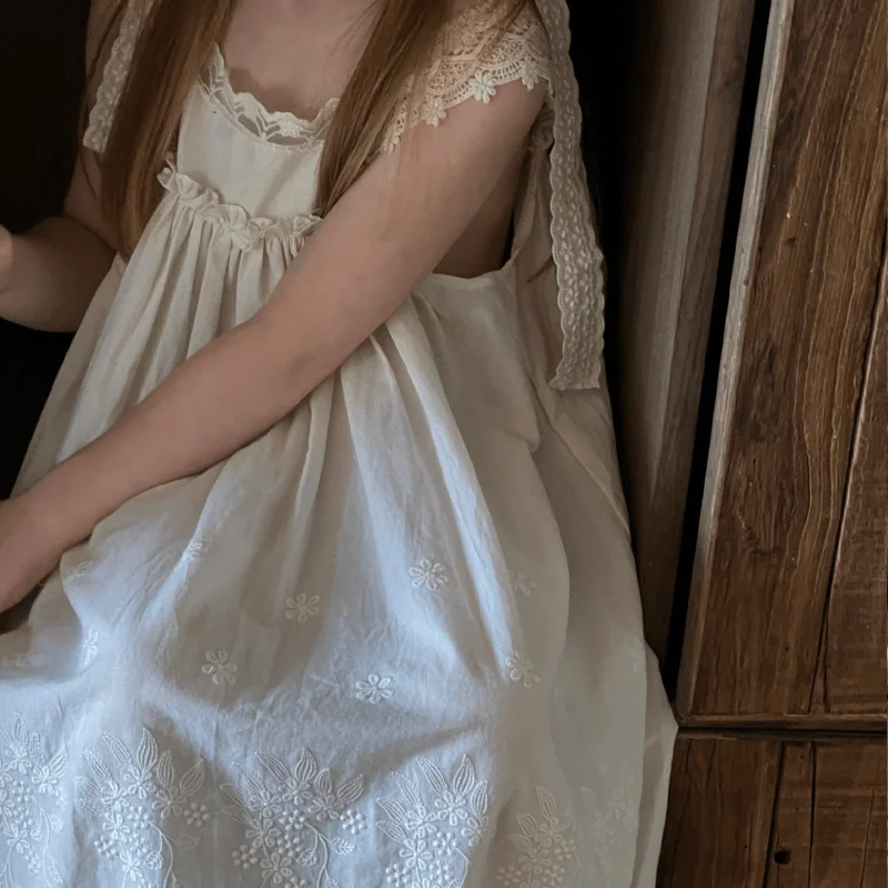 Baby Girl Princess Cotton Lace Dress Infant Toddler Child Sleeveless Flower Embroidery Vintage Vestido Casual Baby Clothes 1-7Y