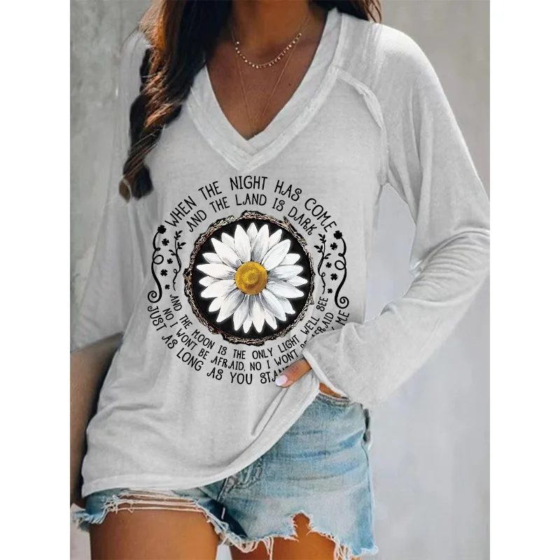 Ilstile Women's Hippie Flower Print T-Shirts Spring Summer Long Sleeve Casual Loose V Neck Tops Blue Green Tees NEW view 3