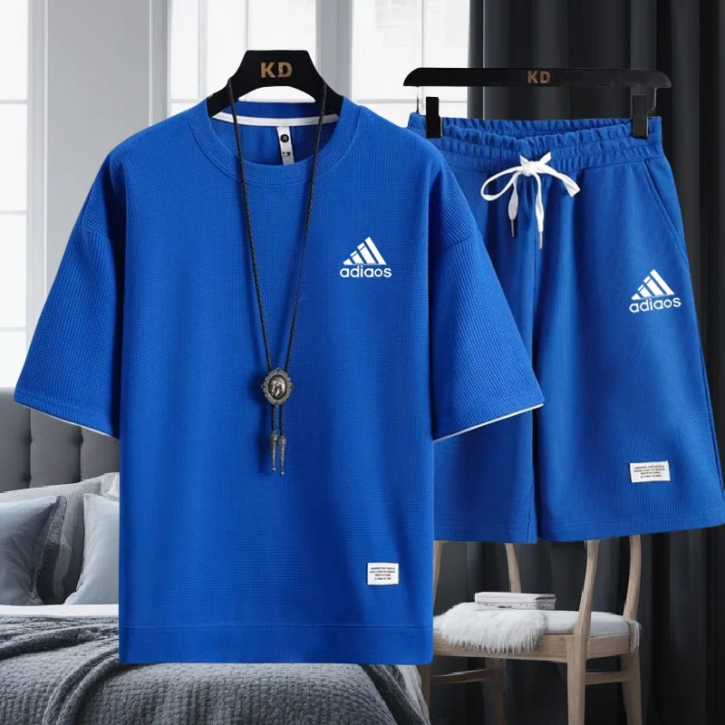 Summer men's fashionable casual short-sleeved T-shirt + sports shorts set, fitness breathable jogging suit two-piece set