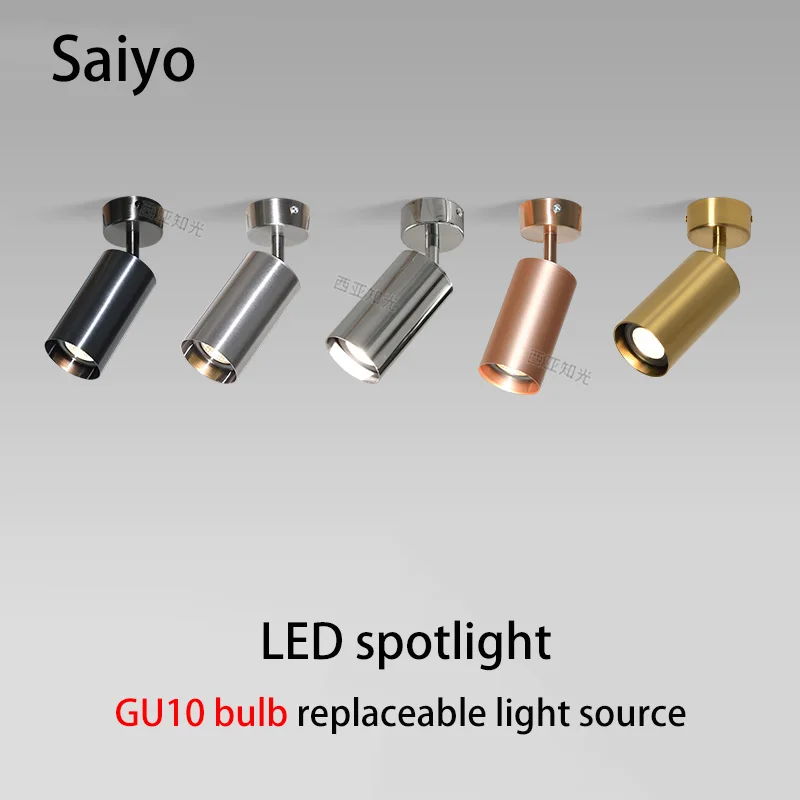 Lampu Sorot Led Dipasang Di Permukaan Sumber Cahaya Dapat Diganti GU10 Lampu Langit-langit Titik Bohlam Baja Tahan Karat Nikel Warna Emas 110V 220V