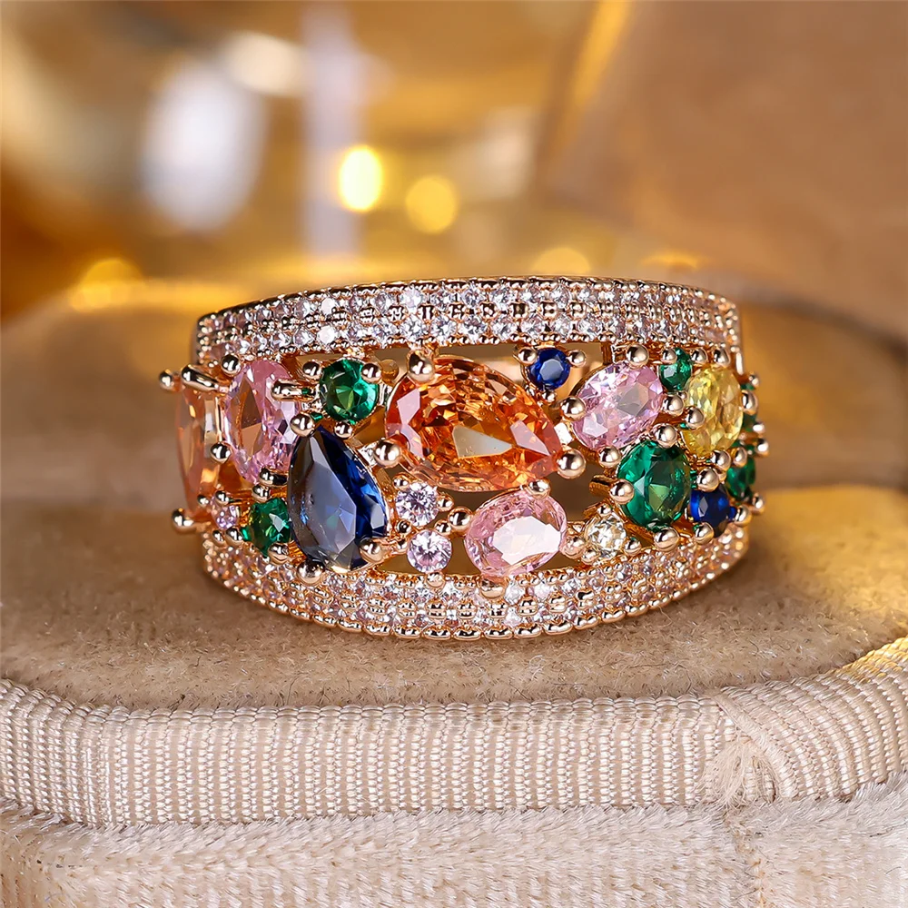 Luxury Female Yellow Gold Color Rainbow Zircon Stone Wedding Jewelry Promise Love Engagement Rings For Women