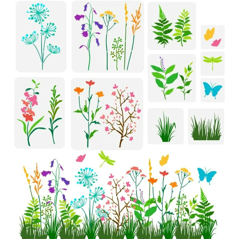 11 PCS Wildflowers Stencils for Painting Reusable Flowering Shrubs Grass Leaf Stencil Butterfly Dragonfly Pattern for Painting