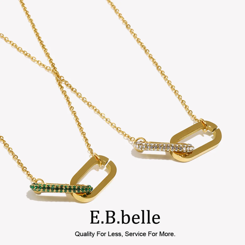 E.B.belle Micro Set Rhinestone Green Pink Paper Clip Link Pendant Necklace For Woman Stainless Steel Necklace Jewelry For Party
