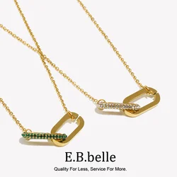 E.B.belle Micro Set Rhinestone Green Pink Paper Clip Link Pendant Necklace For Woman Stainless Steel Necklace Jewelry For Party