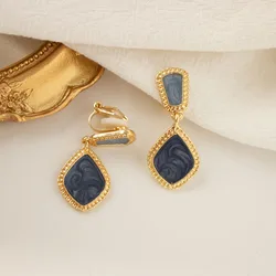 Oil Painting Haze Blue Halo Dyed Square Clip on Earrings for Women Stylish Artistic Geometric Ear Clips Without Ear Holes