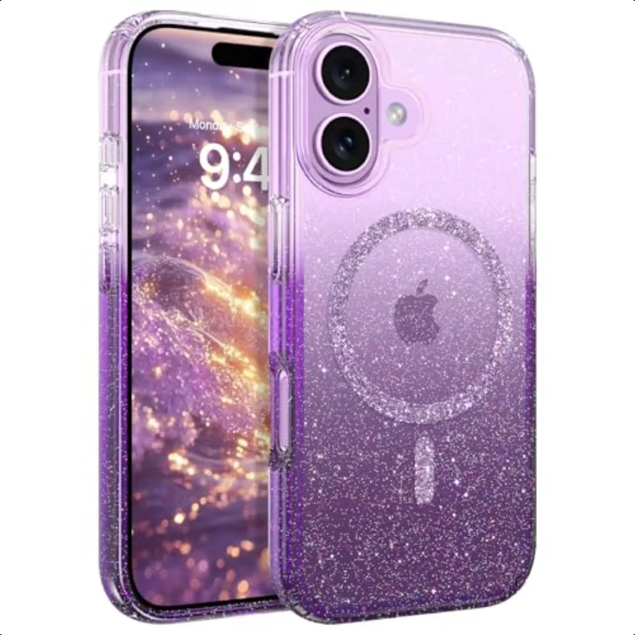 

Магнитный чехол BENTOBEN для iPhone 17, прозрачный полупрозрачный фиолетовый кристаллический блеск [совместим с MagSafe] противоударный антистребовый чехол