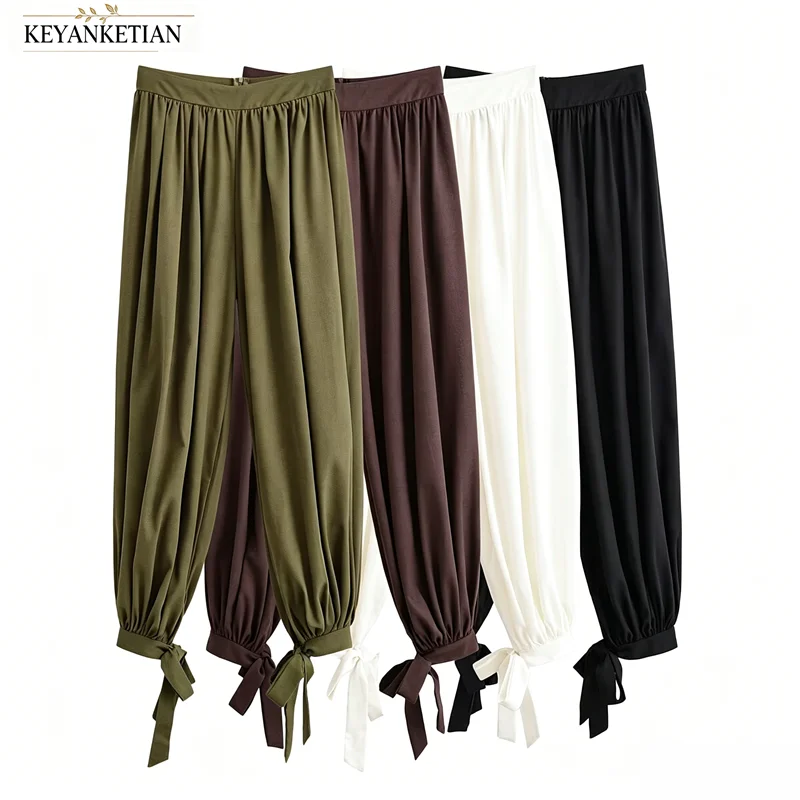 KEYANKETIAN 2026 Solid Color Lightweight Lantern Pants High Waist Gathered Waist Self Tie Ankle Cuff Soft Flowly Casual Trousers
