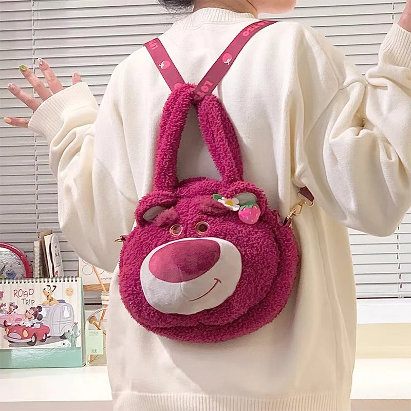 Disney Lotso Kawaii Strawberry Bear Stuffed Toys Cartoon&Cute Backpack School Bag Crossbody Bag Shoulder Bag Gift For Kids Girl