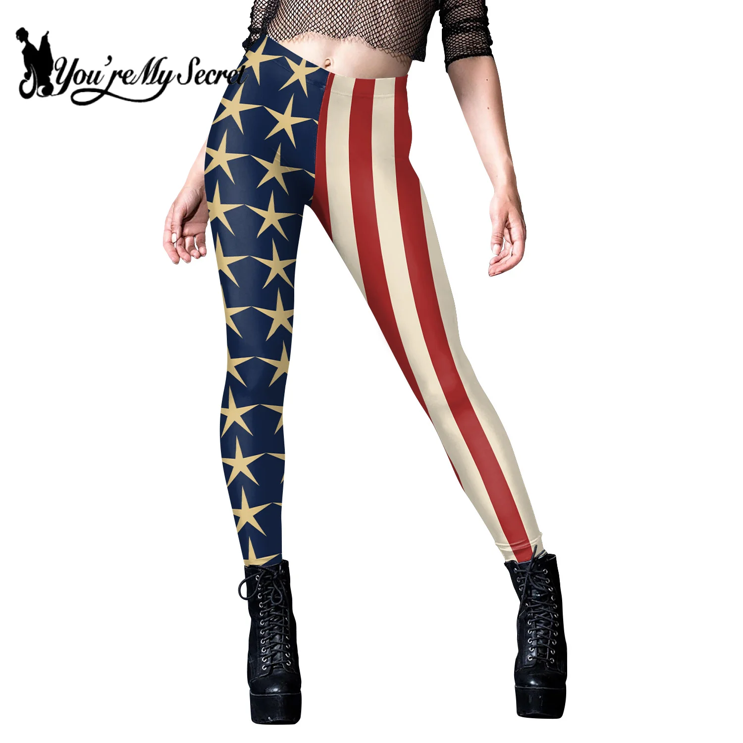 [You\'re My Secret] Women High Elastic Leggings Tights Sexy Pencil Pants Slim Trousers Female Flag Stripe Star Print Leggings