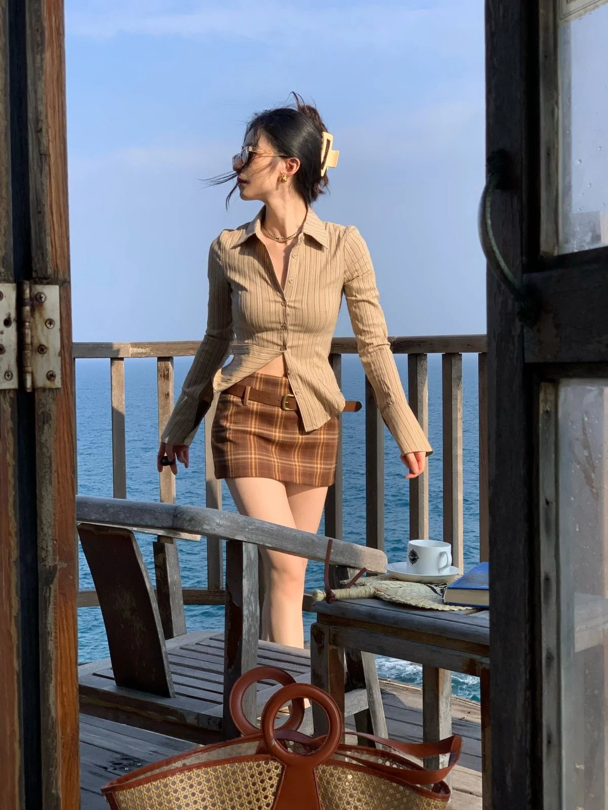 

Simona New Retro Brown Plaid Skirt with Belt Sweet Cool Sle Women's f Sugar Mocha ort Skirt Slimming Waist Belt