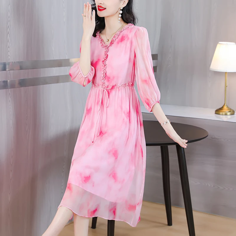 

2023 Spring/Summer New Pink Silk Printed Short Sleeve Dress Women's V-Neck Loose Large Waist Slim Long Dress Knee Length Gown