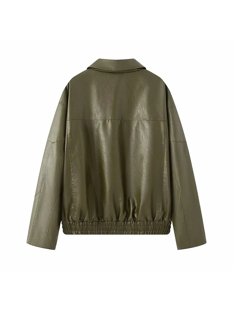 المرأة 2025 الخريف سترة جلدية معطف سستة زر جيب مرن كم طويل الصلبة الإناث السترات معاطف السيدات #4