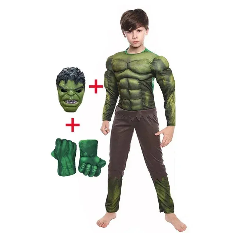 Cos Kids Green Superheroes Anime Cosplay Muscle Costumes with Gloves Boys Birthday Halloween Carnival Party Hulk Dress Up Jumpsu