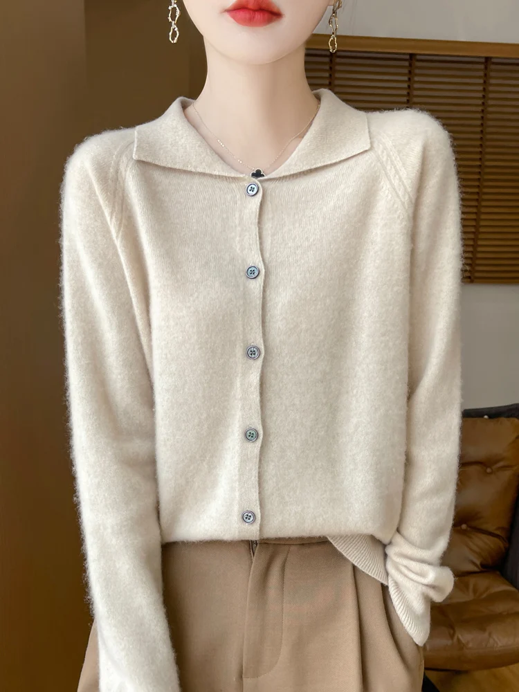 2024 New Women Cardigan Turn Down Collar Sweater Autumn Winter Long Sleeve Clothing 100% Merino Wool Knitwear Basic Grace Tops