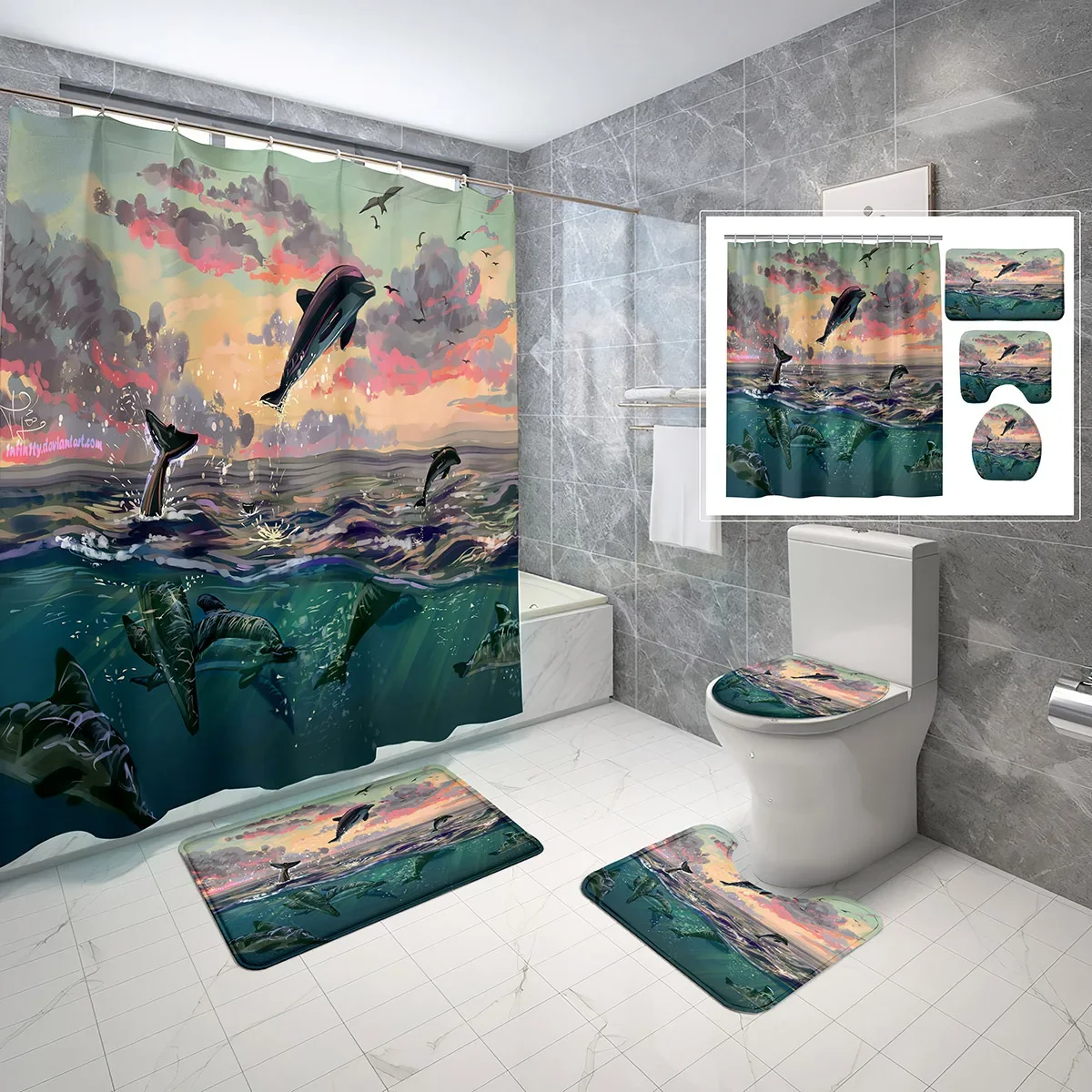 

4 шт. Дельфин абстрактное искусство набор занавесок для душа Play Water Нескользящий коврик для ванной Ткань с крышкой унитаза Водонепроницаемые наборы занавесок для душа