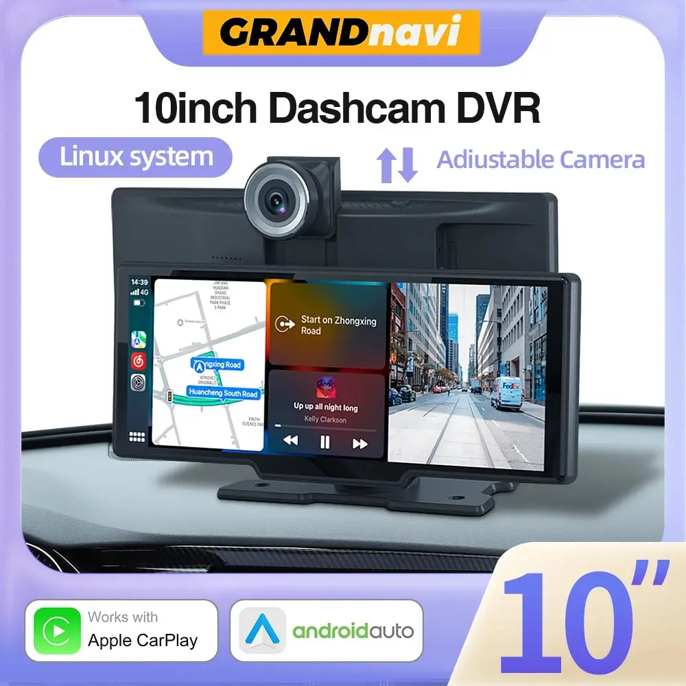 Grandnavi Car Dash Cam Carplay Android Auto Video Recorder DVR Navigation Voice Control WIFI FM Dashboard Dual Lens Rearview