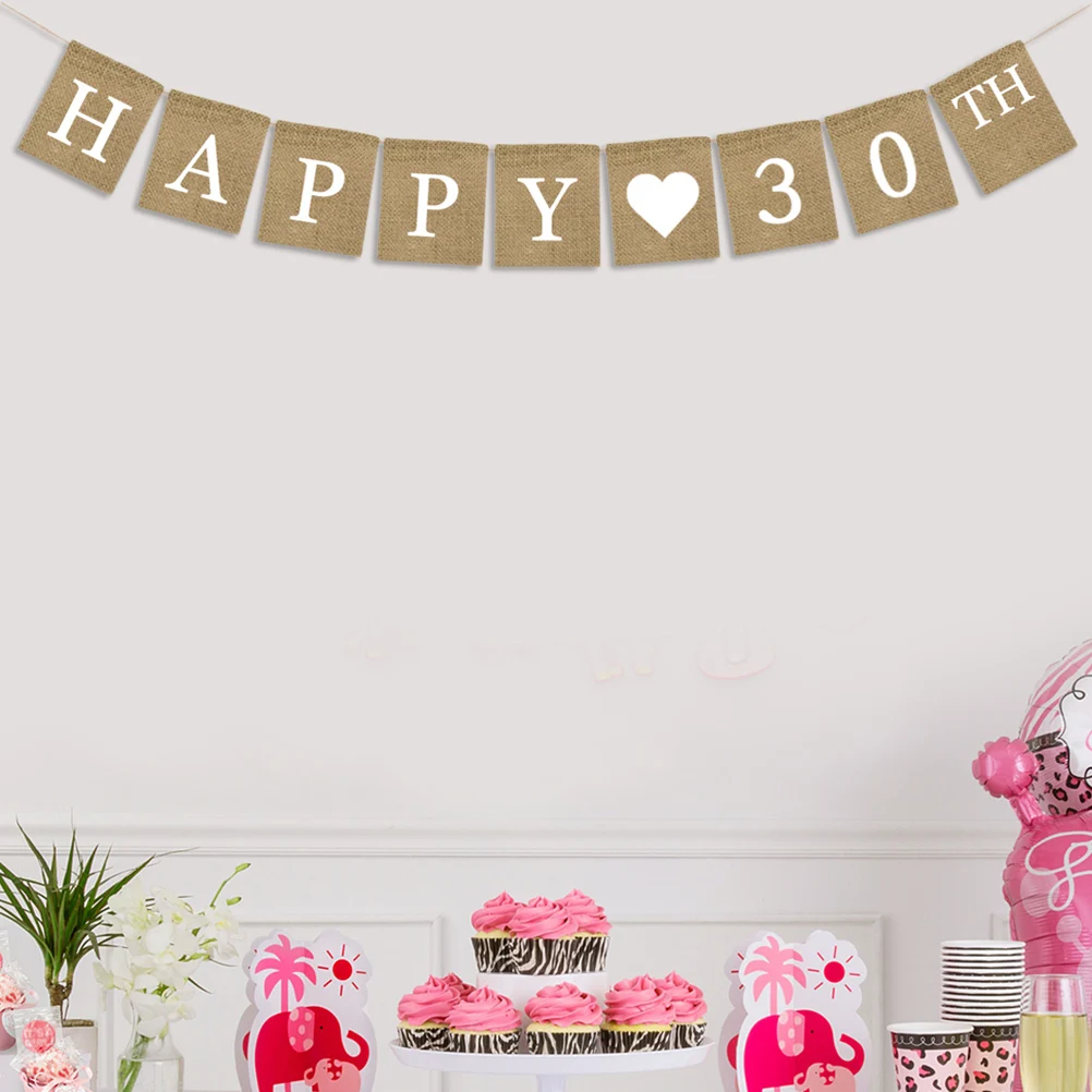 

Happy 30th Birthday Party Decoration Burlap Banner Bunting Flags Pull Flag Supplies Hanging Outdoor Indoor