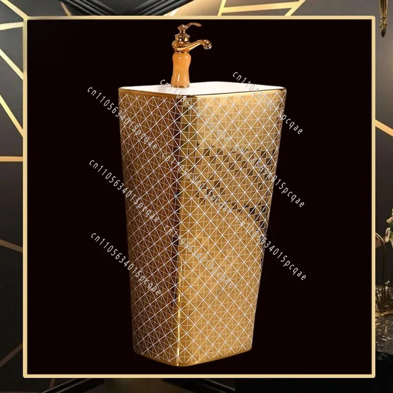 Gold Wash Basin,Electroplated One-piece Column Basin Color Gold Wash Basin, Local Tyrant Gold Square Floor Basin