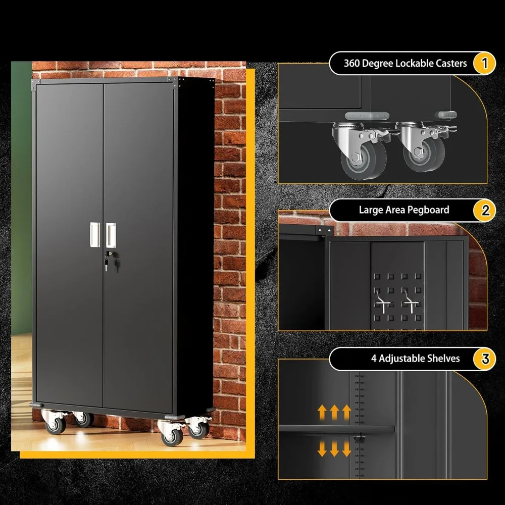ตู้เก็บของโลหะแบบมีล้อ ขนาดสูง 72 นิ้ว 2 ประตู ชั้นวางปรับได้ ทำจากเหล็กสีดำ สำหรับจัดระเบียบโรงรถ