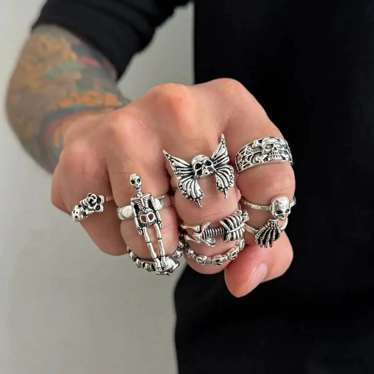 IngeSight.Z 9 Pcs/Set Gothic Creative Skull Skeleton Bat Ring Men Women Hip Hop Punk Stackable Silver Color Ring Party Jewelry
