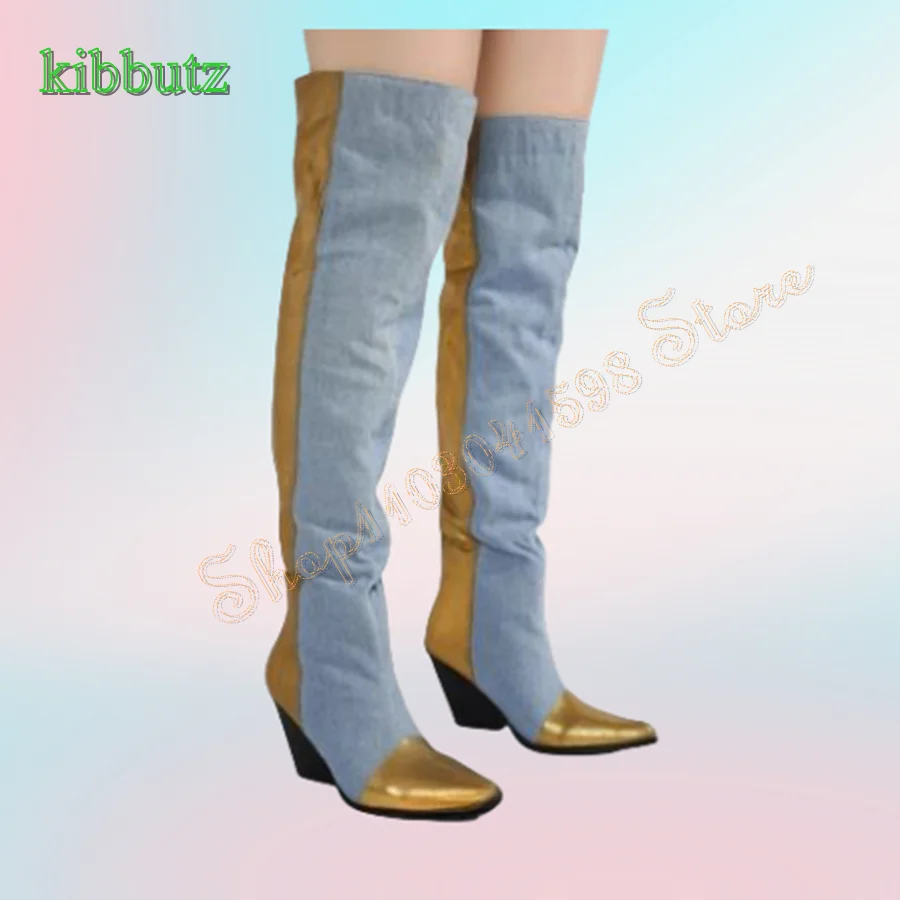 Denim Leather Over The Knee Boots,Women's Pointed Toe Thick Heel Boots Party Heel Boots Plus Size 2024 New Zapatos Para Mujere