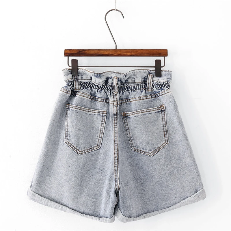 BANA High Waist Wide Leg Cuffed Elastic Waist Shorts Women's Denim Shorts Spring 2024 Light Color Button Craft Thin Fabric