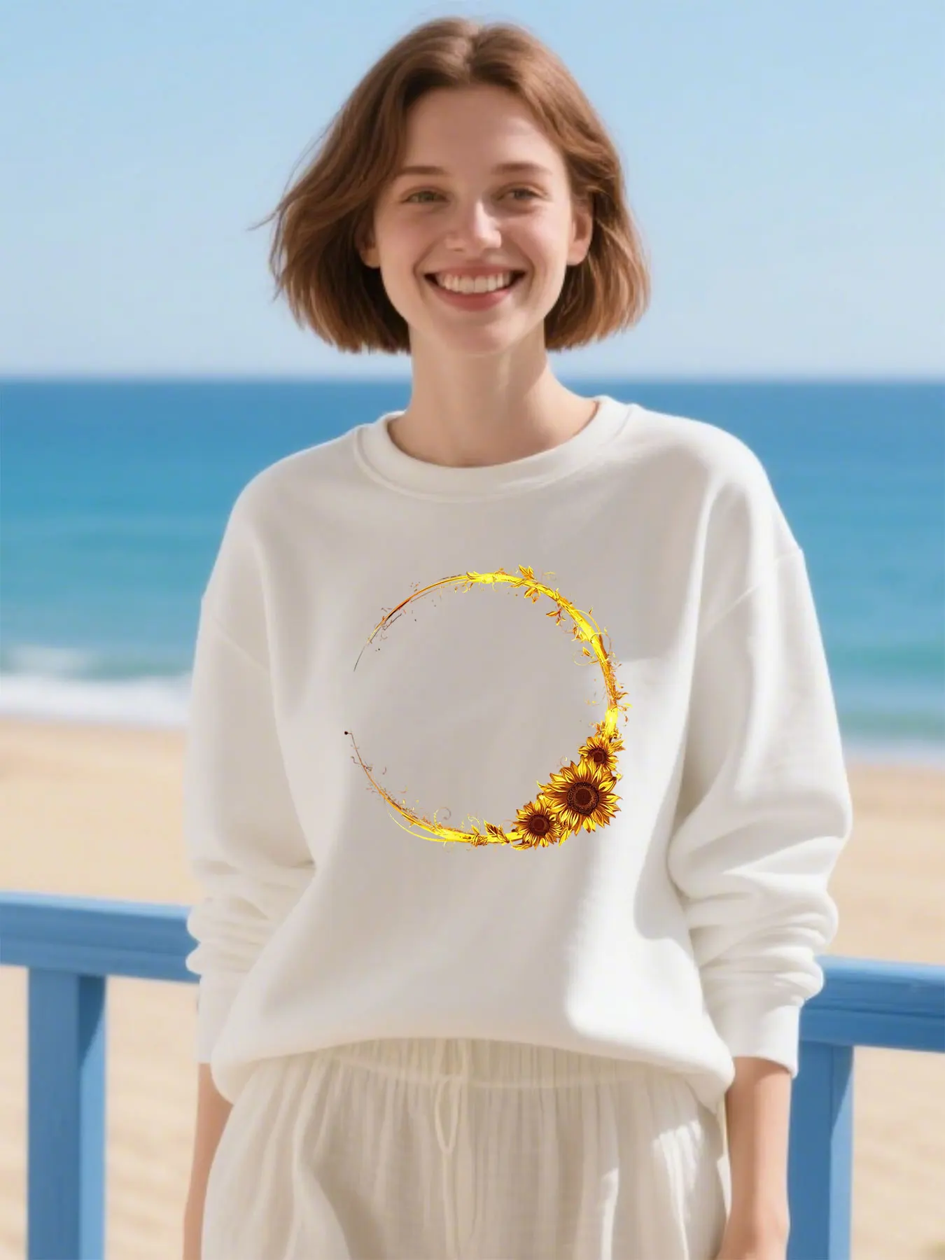 Soft Cotton Unisex Crewneck Sweatshirt With Golden Sunflower Ring Pattern Versatile Classic Casual Christmas Gift​