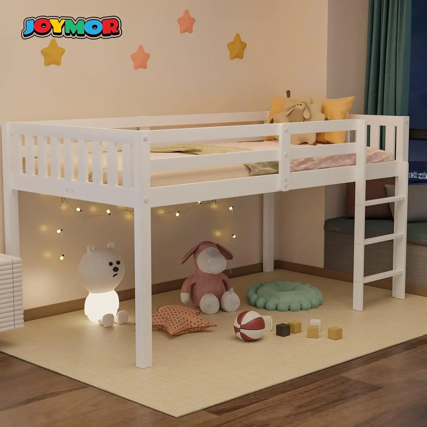 Tempat tidur loteng rendah rangka tempat tidur untuk anak kecil kamar kecil/langit-langit rendah dengan pagar pembatas dan tangga, putih