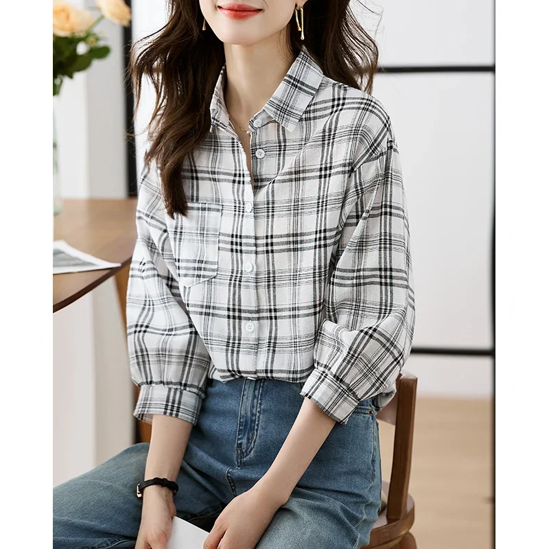 Casual Autumn New Women's Plaid Seven-quarter Sleeve Chiffon Shirt Tops Blouse Casual Streetwear Y2k Camisas  Blusas