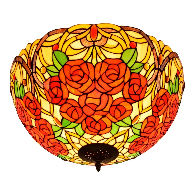 20 Inch Retro Red Rose Lighting Tiffany Stained Glass Shade Decorative Ceiling Lamp for Home Hotel Bedroom Hall Ceiling Lamp