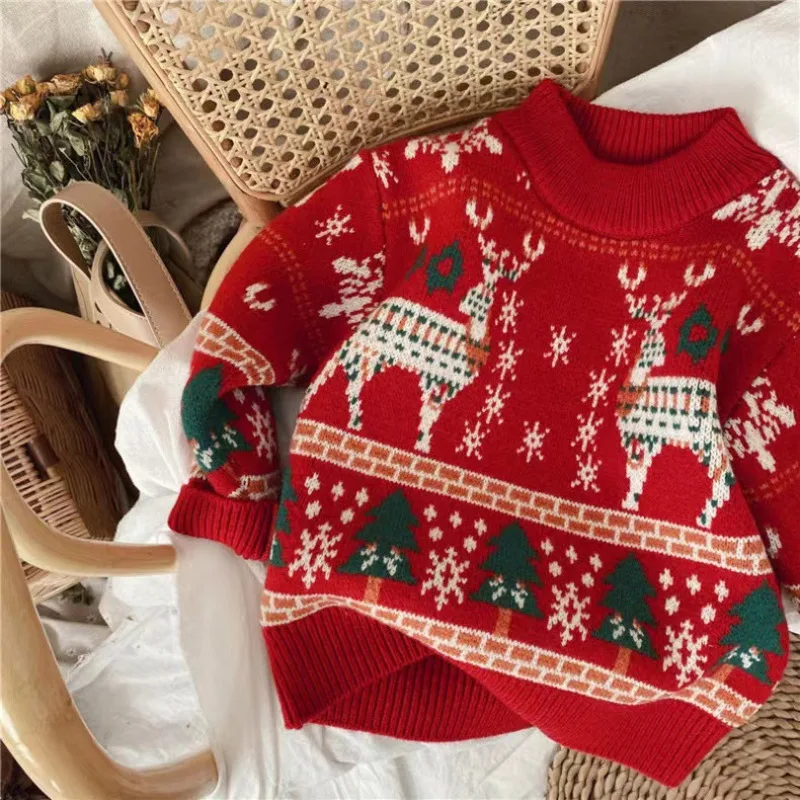 Christmas Themed Autumn And Winter Thickened Elk Red Sweater Parent-child Attire High-end Lazy Style Loose Pullover Soft Sweater