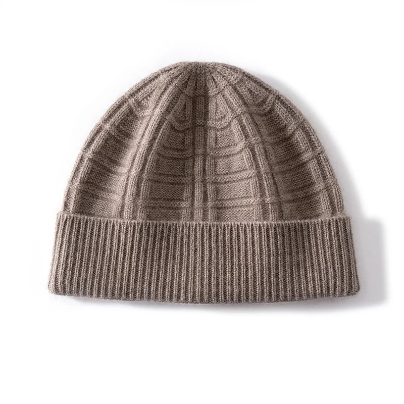 100% Natural Cashmere Cap For Men Winter Casual Outdoor Solid Color Striped Knitted Hat Man Casual Soft Comfortable Warm Beanies