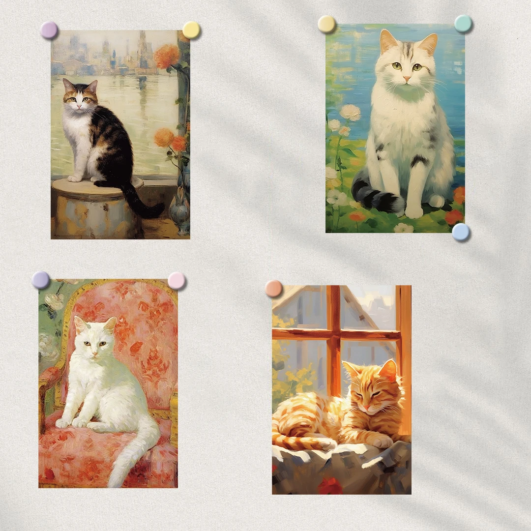 10PCS 10×15CM Oil Painting Of A Kitten Posters Sticker Graffiti Cafe Laptop Wall Decor For Room Creative Art Pictures Sticker