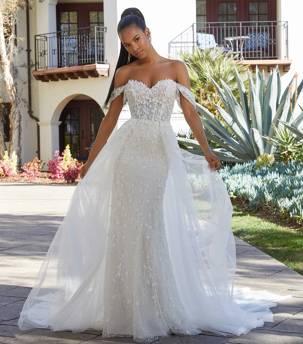 

Lorencia New Mermaid Wedding Dress With Detachable Skirt 2023 Off Shoulder Lace Sequine Applique Bride Dress Bridal Gown YMW99