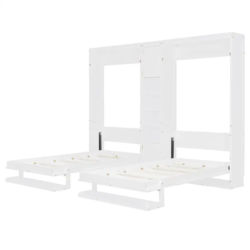 سرير ميرفي أبيض مزدوج الحجم مع خزائن ورفوف لتوفير المساحة