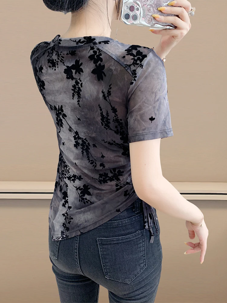 Faionable européen Sle femmes T-shirt été ort Sve velours fleur imprimé ourlet asymétrique Dstring Me haut