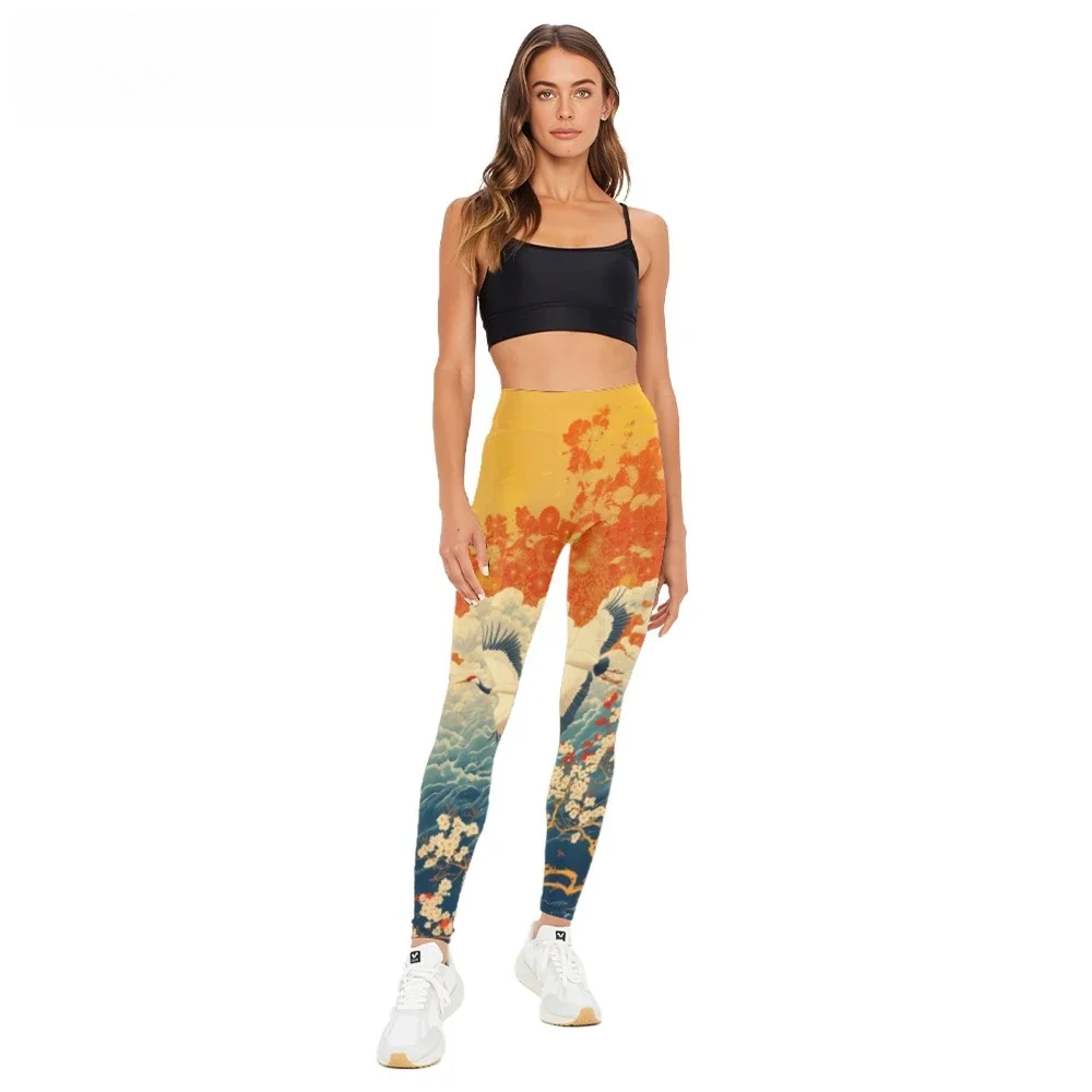 

High Waist Yoga Pants White Cranes Printed All Season Naked Feel Leggings Slimming Workout Tights Women Trendy Fitness Bottoms