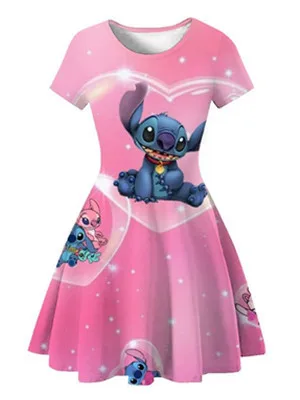 MINISO vestido de Stitch para niñas, ropa de dibujos animados de Mickey, Disney, seda de hielo, regalo de verano