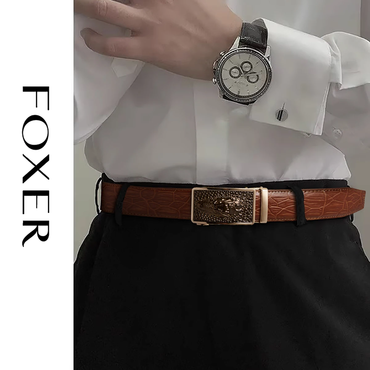 FOXER Light Luxury Men's Belt Cowhide Leather Crocodile Automatic Buckle Belts Adjustable Waistband Business Belts