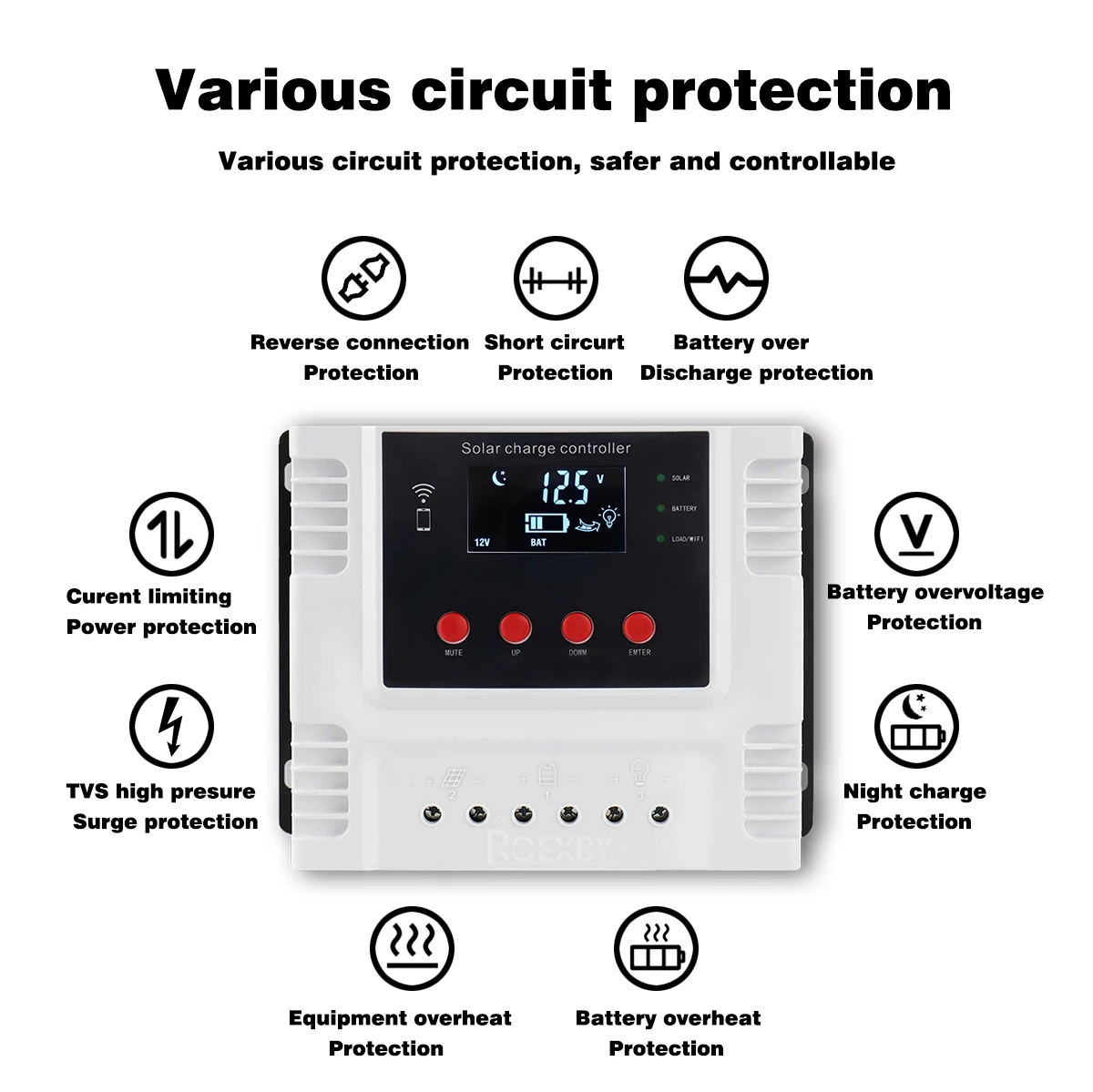 Smart Solar Charge Controller with WiFi App Control for 12V/24V/48V 10A 20A 30A 40A 50A 60A Lithium and Lead-Acid Batteries