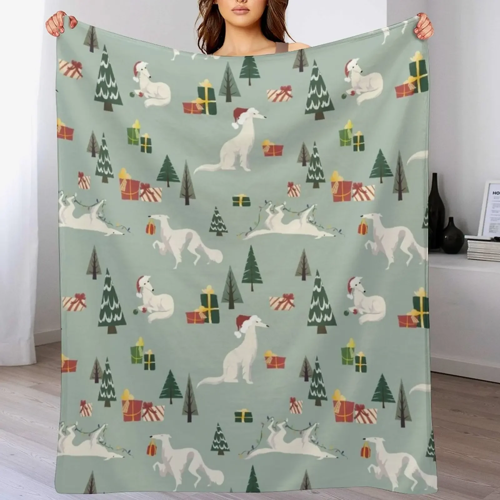 

Borzoi Holiday Pattern Throw Blanket Luxury Designer Baby Travel Bed linens Blankets