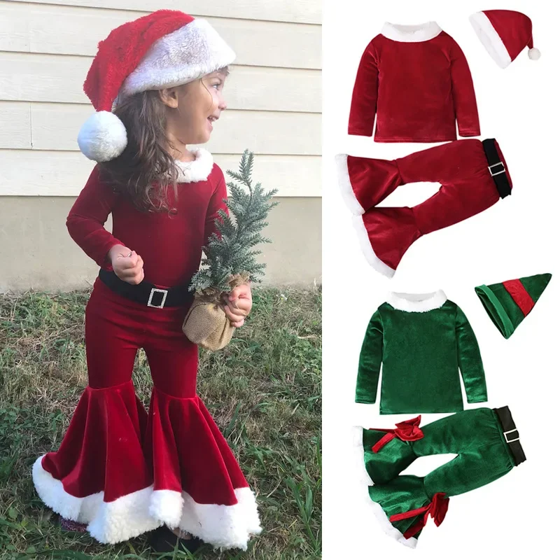 Ano novo traje de natal crianças conjuntos de roupas recém-nascidos inverno velo topos + calças + chapéus do bebê meninos meninas roupas papai noel outfit